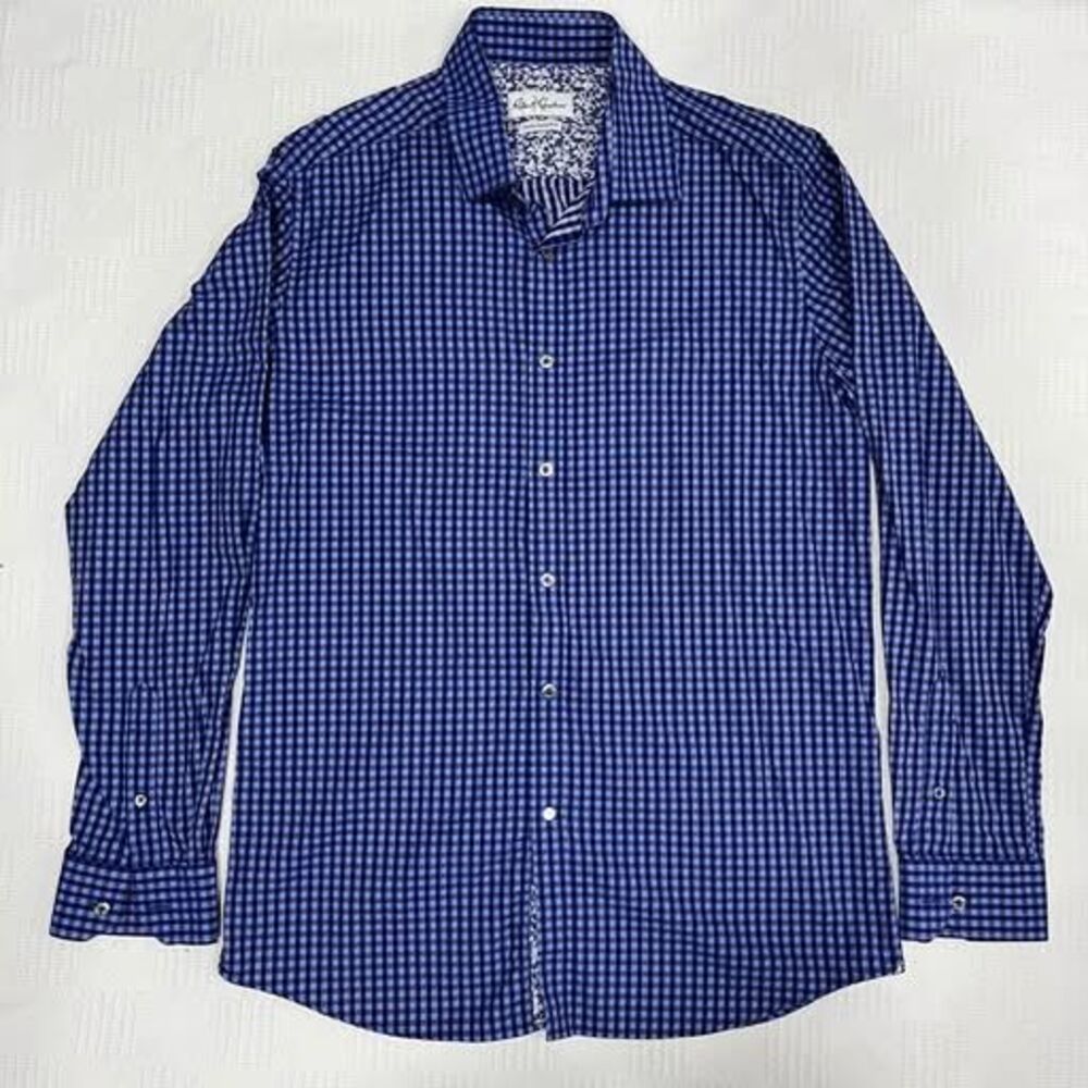 Robert Graham Mens Button Up Long Sleeve Size 42 16.5 Gingham Tailor Fit Blue